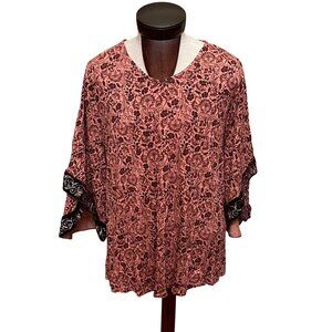 Soft Surroundings Pink Brown Floral Embroidered Bell Sleeve Tunic 1X Fairygoth